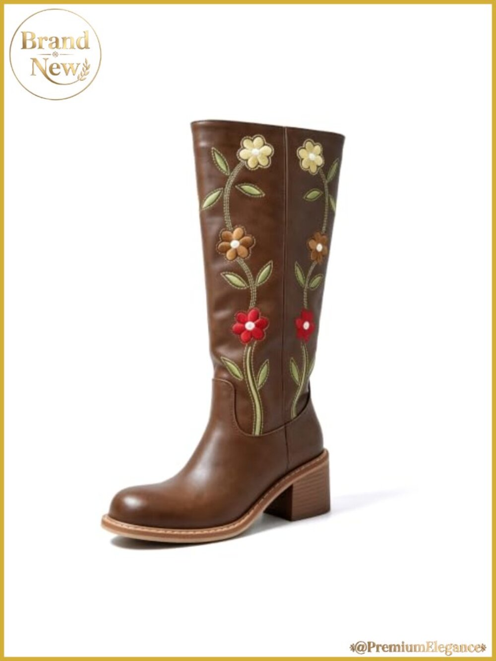 Floral Embroidered Western Cowboy Boots Mid Calf Pull On Faux Leather